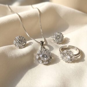Elegant Crystal Halo Jewelry Set – Pendant Necklace, Stud Earrings & Ring