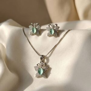 Elegant Mint Green Crystal Butterfly Pendant & Stud Earrings Set
