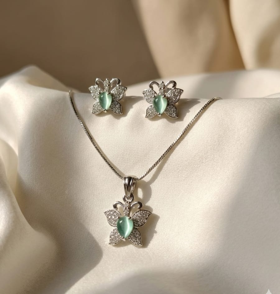 Elegant Mint Green Crystal Butterfly Pendant & Stud Earrings Set