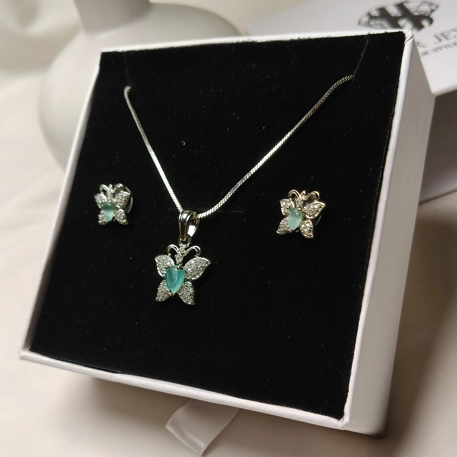 Elegant Mint Green Crystal Butterfly Pendant & Stud Earrings Set - Image 3