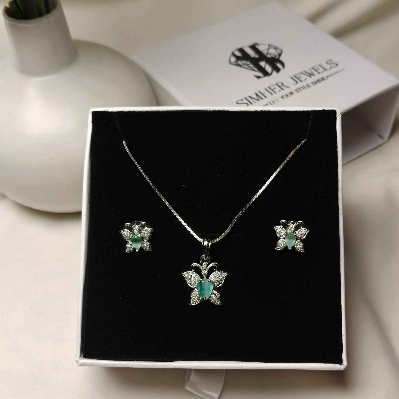Elegant Mint Green Crystal Butterfly Pendant & Stud Earrings Set - Image 2