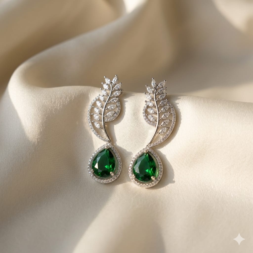 Emerald Green Teardrop Leaf - AD Earrings