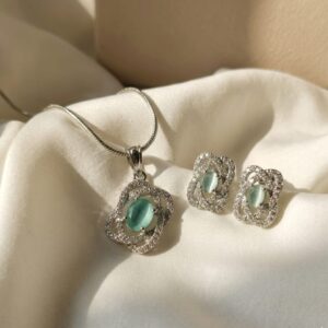 Mint Green Crystal Swirl Halo Pendant & Stud Earrings Set