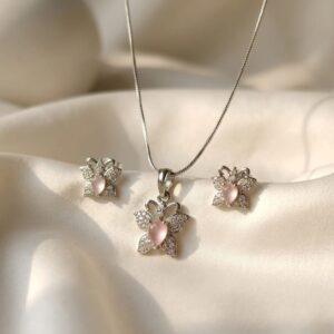 Pink Crystal Butterfly Pendant & Stud Earrings Set